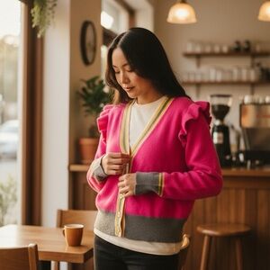 Casual Luxury  Sweater Cashmere XL Colorblock Ruffled Cardigan Charter Club